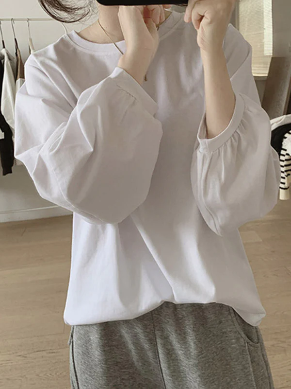 Long Sleeves Loose Pleated Solid Color Round-Neck T-Shirts Tops - Image 11