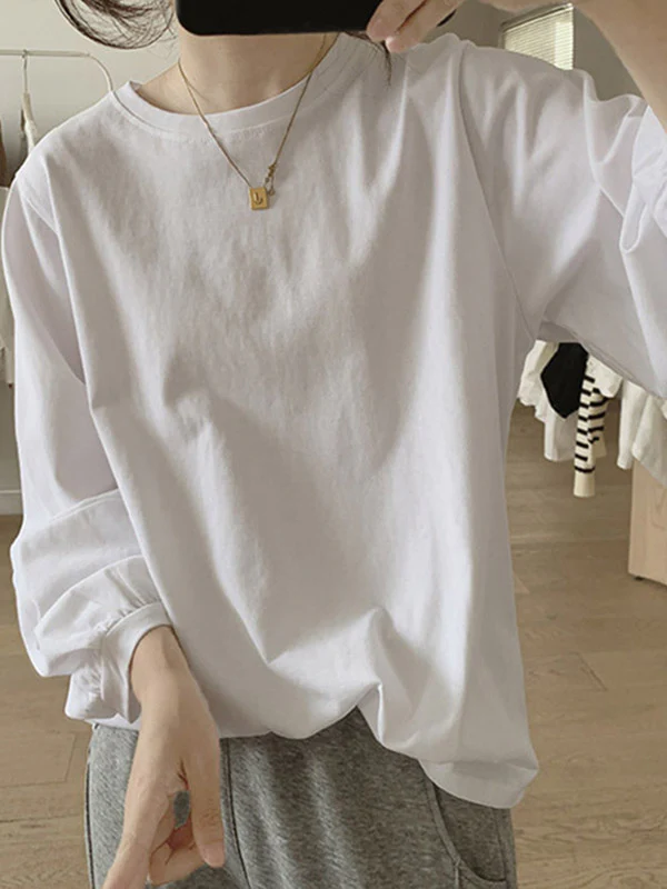 Long Sleeves Loose Pleated Solid Color Round-Neck T-Shirts Tops - Image 12