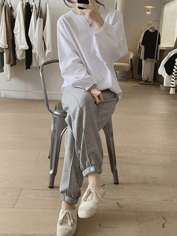 Long Sleeves Loose Pleated Solid Color Round-Neck T-Shirts Tops - Image 13