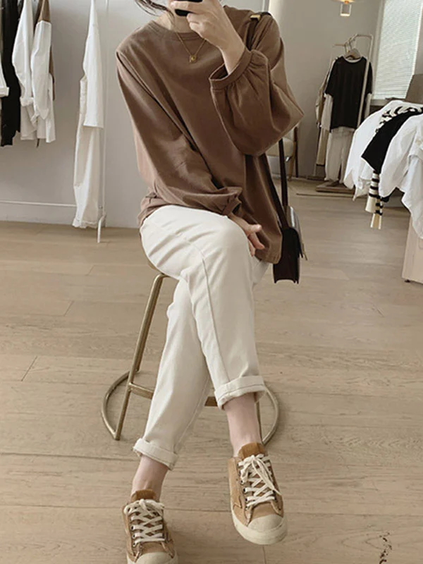 Long Sleeves Loose Pleated Solid Color Round-Neck T-Shirts Tops - Image 14