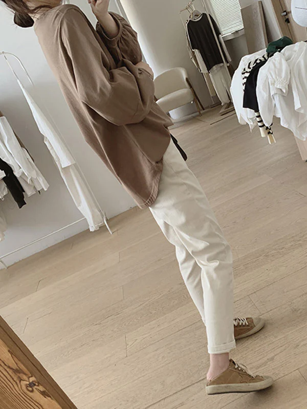 Long Sleeves Loose Pleated Solid Color Round-Neck T-Shirts Tops - Image 15