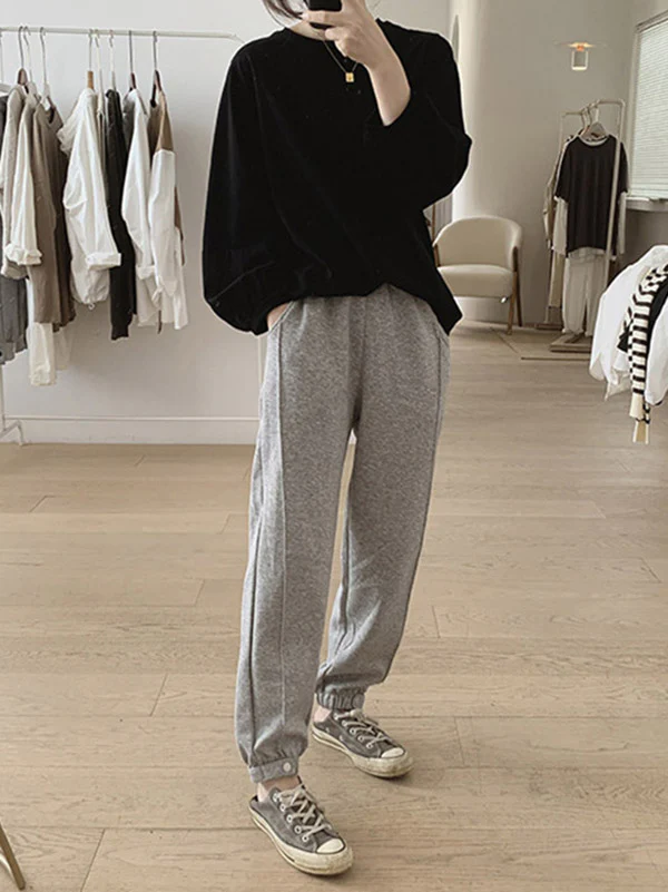 Long Sleeves Loose Pleated Solid Color Round-Neck T-Shirts Tops - Image 16
