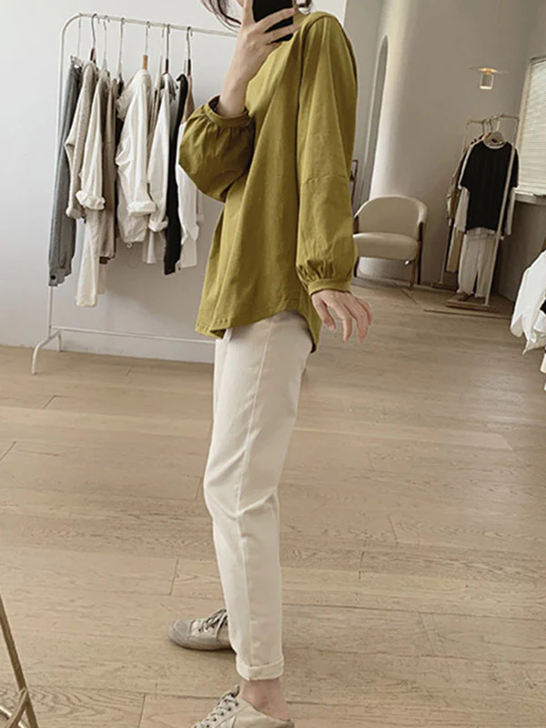 Long Sleeves Loose Pleated Solid Color Round-Neck T-Shirts Tops - Image 17