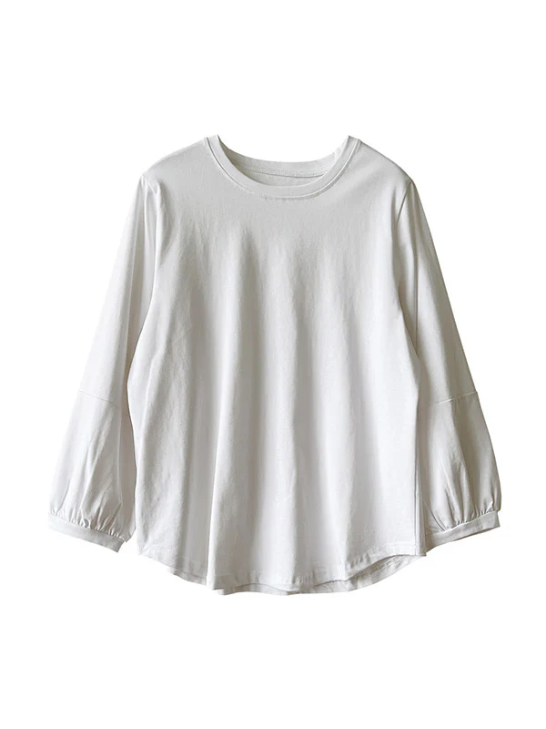 Long Sleeves Loose Pleated Solid Color Round-Neck T-Shirts Tops - Image 18