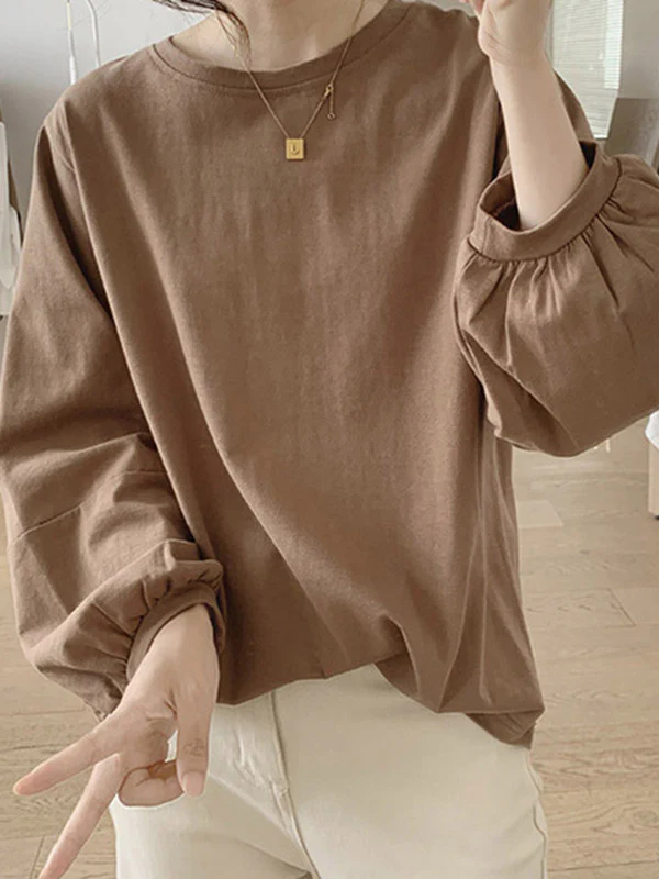 Long Sleeves Loose Pleated Solid Color Round-Neck T-Shirts Tops - Image 2