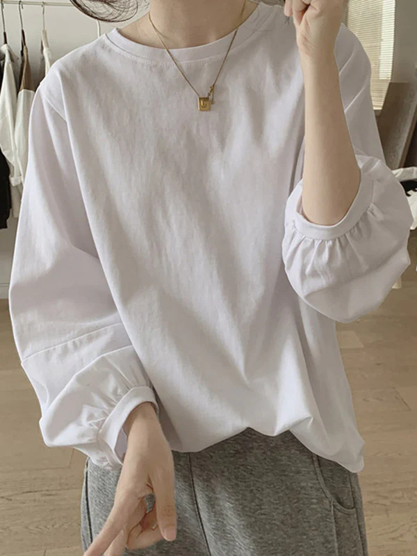 Long Sleeves Loose Pleated Solid Color Round-Neck T-Shirts Tops - Image 3
