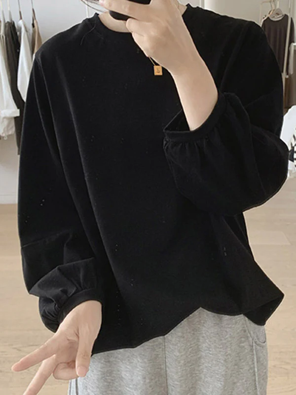 Long Sleeves Loose Pleated Solid Color Round-Neck T-Shirts Tops - Image 4
