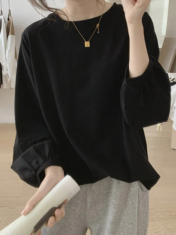 Long Sleeves Loose Pleated Solid Color Round-Neck T-Shirts Tops - Image 5