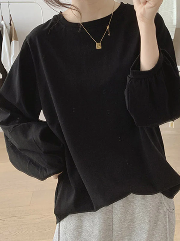Long Sleeves Loose Pleated Solid Color Round-Neck T-Shirts Tops - Image 6