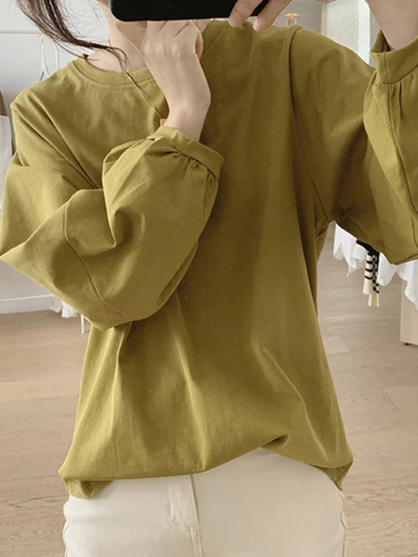 Long Sleeves Loose Pleated Solid Color Round-Neck T-Shirts Tops - Image 7