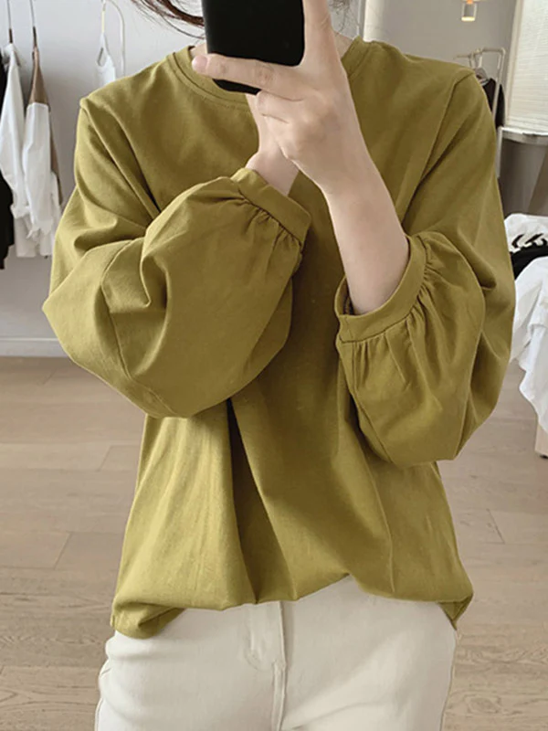 Long Sleeves Loose Pleated Solid Color Round-Neck T-Shirts Tops - Image 8