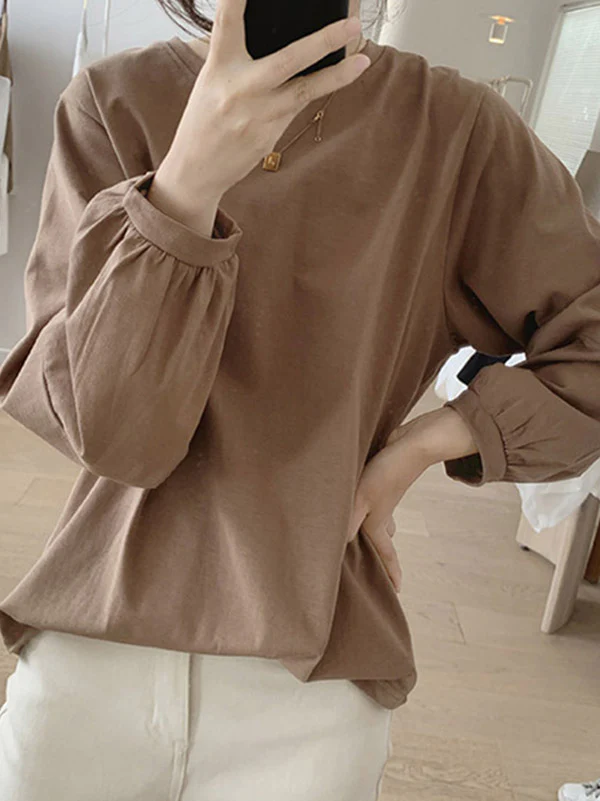 Long Sleeves Loose Pleated Solid Color Round-Neck T-Shirts Tops - Image 9