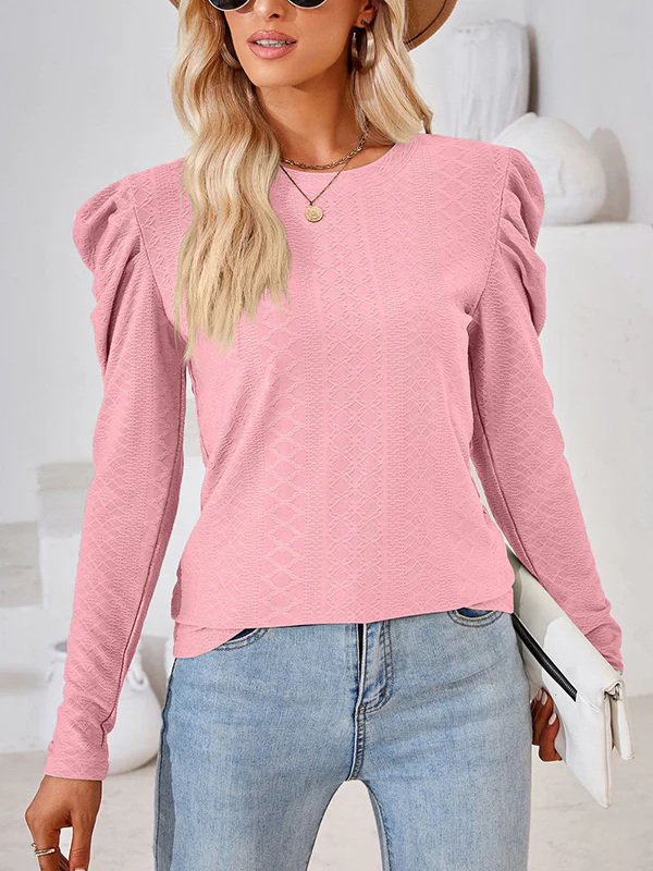 Long Sleeves Loose Pleated Solid Color Round-Neck T-Shirts Tops - Image 10