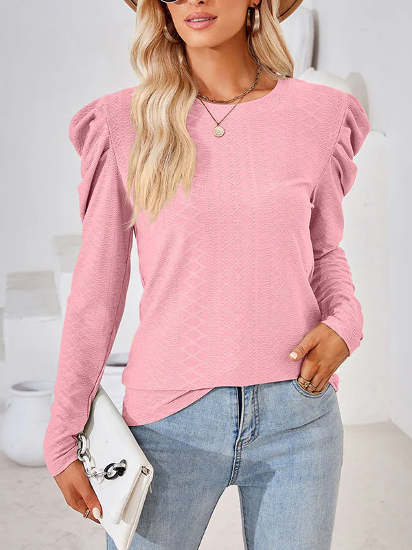 Long Sleeves Loose Pleated Solid Color Round-Neck T-Shirts Tops - Image 11