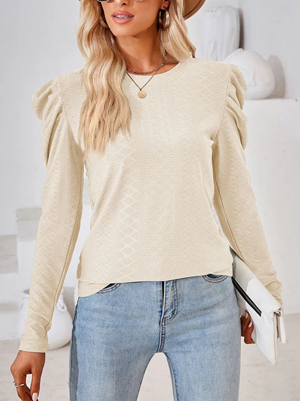 Long Sleeves Loose Pleated Solid Color Round-Neck T-Shirts Tops - Image 14