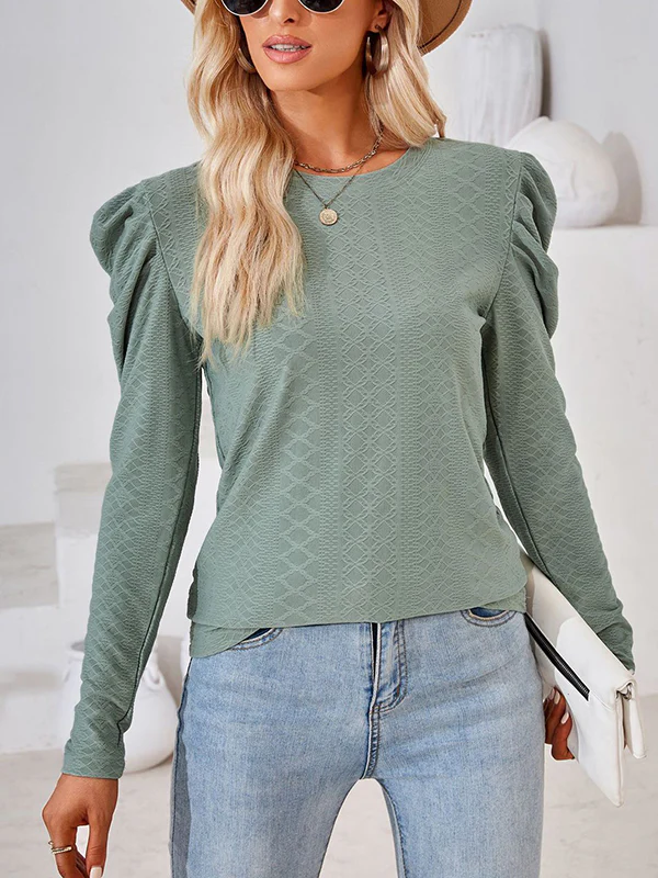 Long Sleeves Loose Pleated Solid Color Round-Neck T-Shirts Tops - Image 16