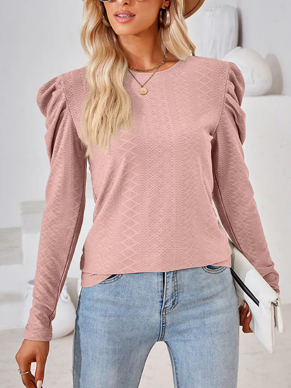 Long Sleeves Loose Pleated Solid Color Round-Neck T-Shirts Tops - Image 18