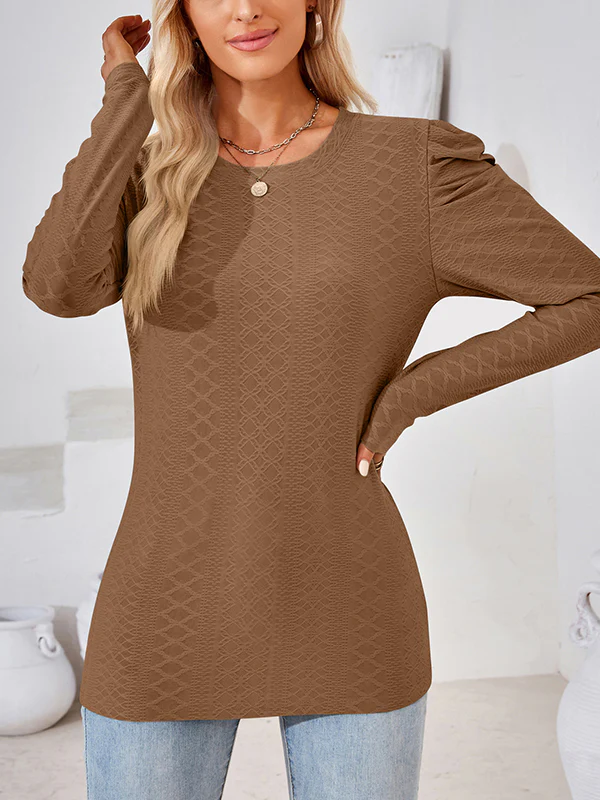Long Sleeves Loose Pleated Solid Color Round-Neck T-Shirts Tops - Image 19