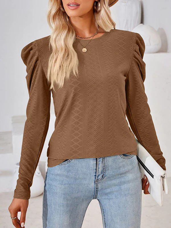 Long Sleeves Loose Pleated Solid Color Round-Neck T-Shirts Tops - Image 20