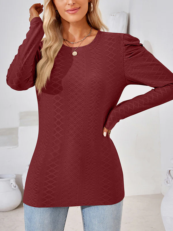 Long Sleeves Loose Pleated Solid Color Round-Neck T-Shirts Tops - Image 21
