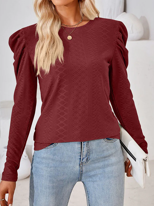 Long Sleeves Loose Pleated Solid Color Round-Neck T-Shirts Tops - Image 22