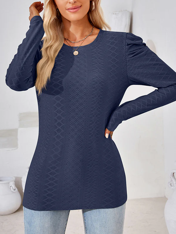 Long Sleeves Loose Pleated Solid Color Round-Neck T-Shirts Tops - Image 23