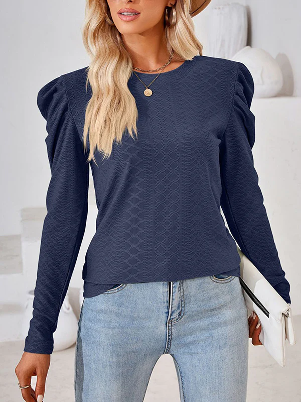 Long Sleeves Loose Pleated Solid Color Round-Neck T-Shirts Tops - Image 24