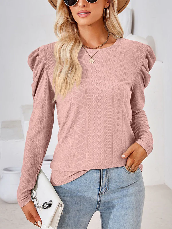 Long Sleeves Loose Pleated Solid Color Round-Neck T-Shirts Tops - Image 3