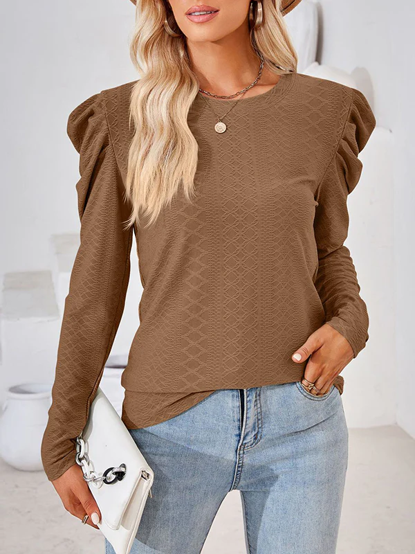 Long Sleeves Loose Pleated Solid Color Round-Neck T-Shirts Tops - Image 4