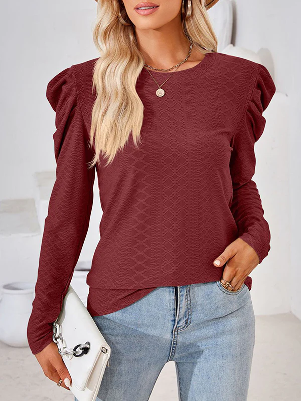 Long Sleeves Loose Pleated Solid Color Round-Neck T-Shirts Tops - Image 5