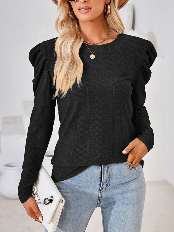 Long Sleeves Loose Pleated Solid Color Round-Neck T-Shirts Tops - Image 7
