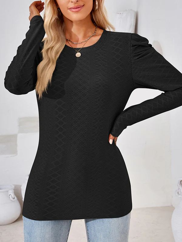 Long Sleeves Loose Pleated Solid Color Round-Neck T-Shirts Tops - Image 9