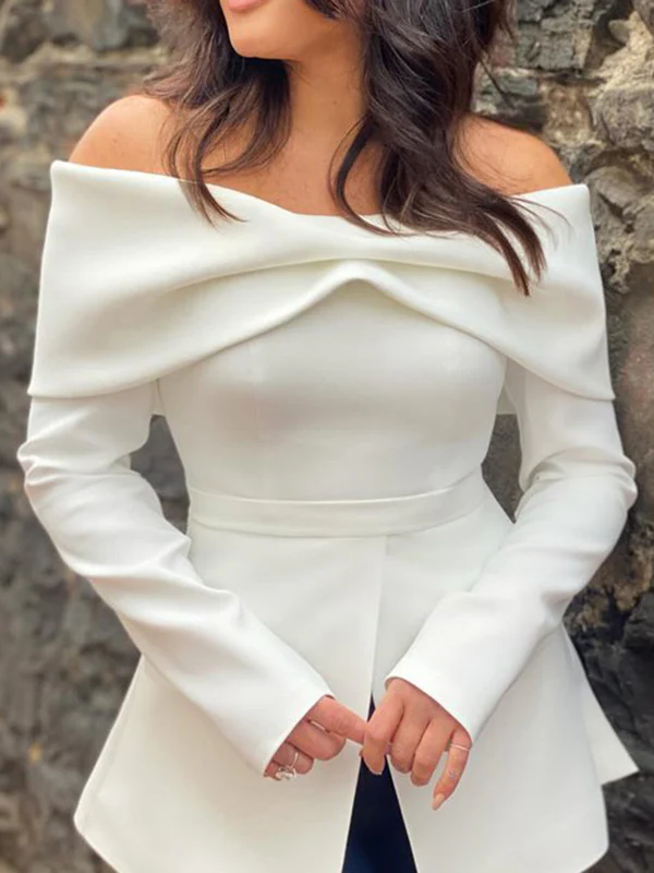 Long Sleeves Loose Pleated Solid Color Split-Front Off-The-Shoulder Blouses&Shirts Tops - Image 2