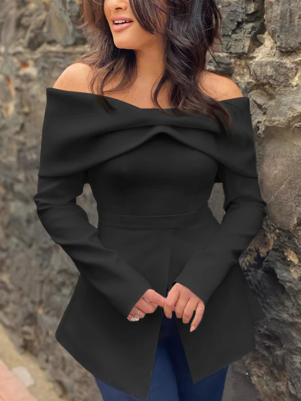 Long Sleeves Loose Pleated Solid Color Split-Front Off-The-Shoulder Blouses&Shirts Tops - Image 3