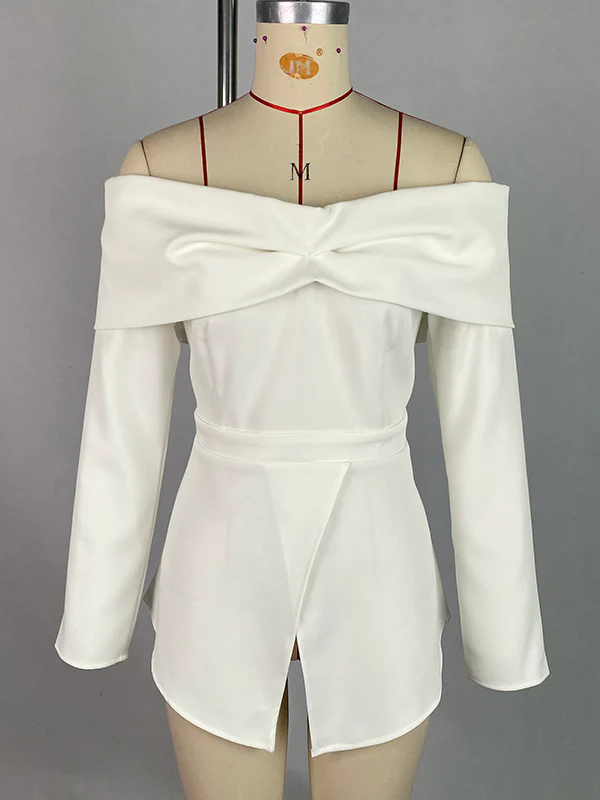 Long Sleeves Loose Pleated Solid Color Split-Front Off-The-Shoulder Blouses&Shirts Tops - Image 4