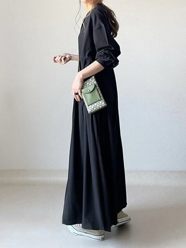 Long Sleeves Loose Pleated Solid Color Split-Joint Round-Neck Maxi Dresses Shirt Dress - Image 2