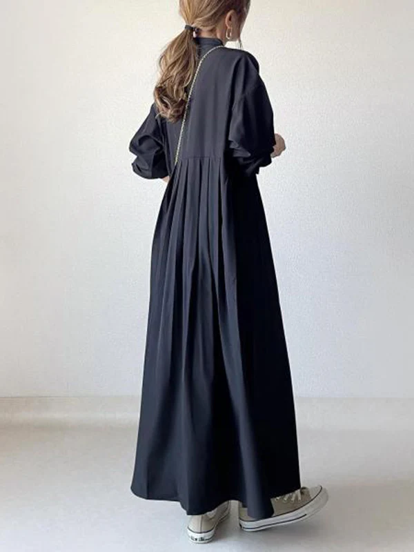 Long Sleeves Loose Pleated Solid Color Split-Joint Round-Neck Maxi Dresses Shirt Dress - Image 3