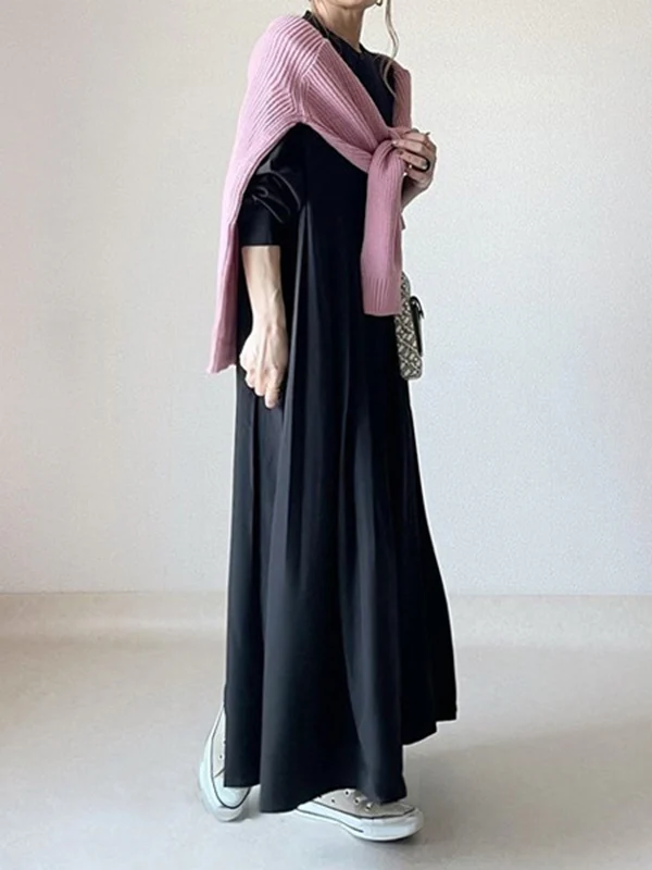 Long Sleeves Loose Pleated Solid Color Split-Joint Round-Neck Maxi Dresses Shirt Dress - Image 4