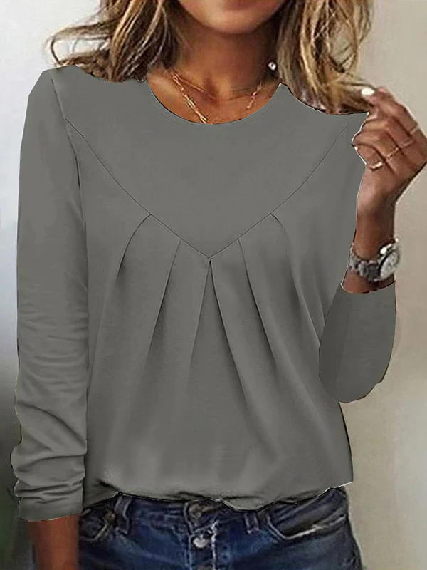 Long Sleeves Loose Pleated Solid Color Split-Joint Round-Neck T-Shirts Tops - Image 2