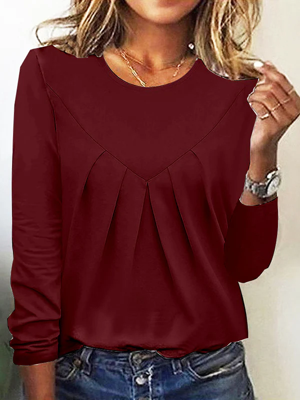 Long Sleeves Loose Pleated Solid Color Split-Joint Round-Neck T-Shirts Tops - Image 5