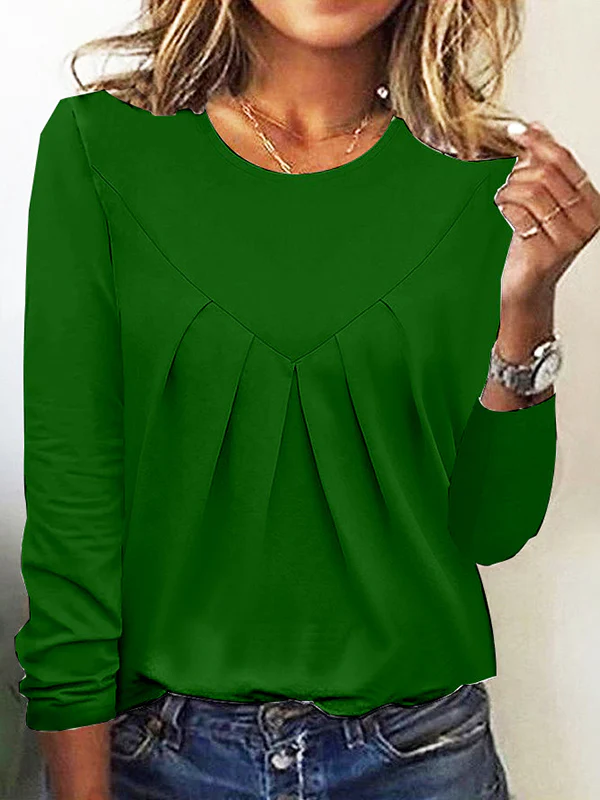 Long Sleeves Loose Pleated Solid Color Split-Joint Round-Neck T-Shirts Tops - Image 6