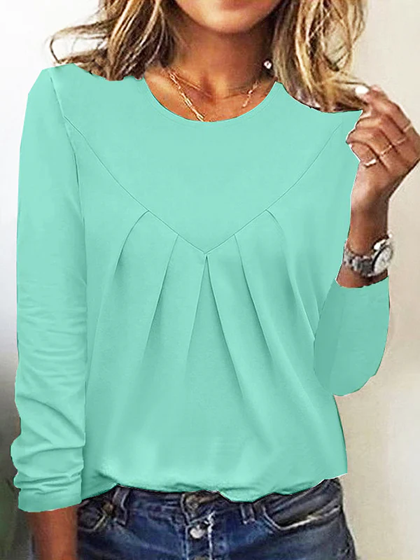 Long Sleeves Loose Pleated Solid Color Split-Joint Round-Neck T-Shirts Tops - Image 7