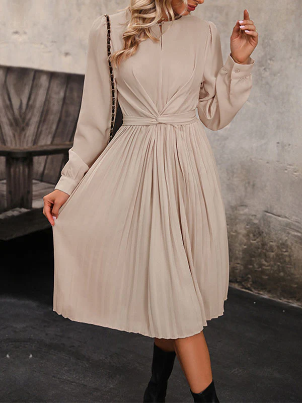 Long Sleeves Loose Pleated Solid Color Split-Joint Tied Waist Round-Neck Midi Dresses - Image 3
