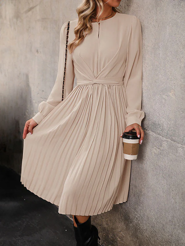 Long Sleeves Loose Pleated Solid Color Split-Joint Tied Waist Round-Neck Midi Dresses - Image 4
