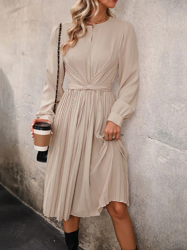 Long Sleeves Loose Pleated Solid Color Split-Joint Tied Waist Round-Neck Midi Dresses - Image 5