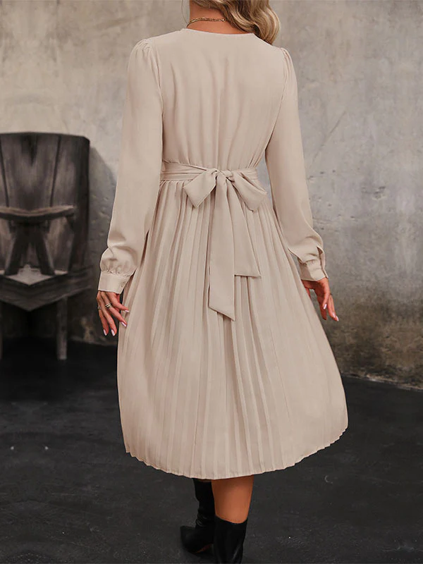 Long Sleeves Loose Pleated Solid Color Split-Joint Tied Waist Round-Neck Midi Dresses - Image 6