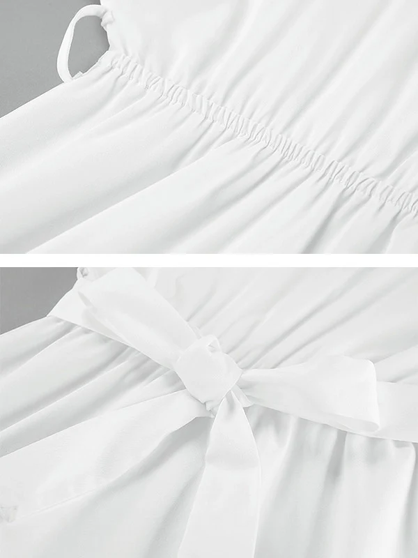 Long Sleeves Loose Pleated Solid Color Split-Joint Tied Waist V-Neck Mini Dresses Shirt Dress - Image 10
