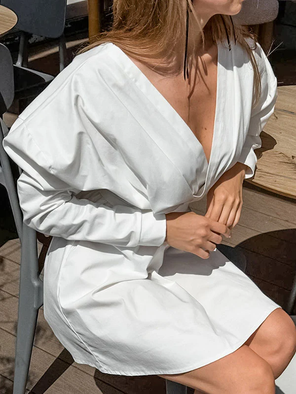 Long Sleeves Loose Pleated Solid Color Split-Joint Tied Waist V-Neck Mini Dresses Shirt Dress - Image 2