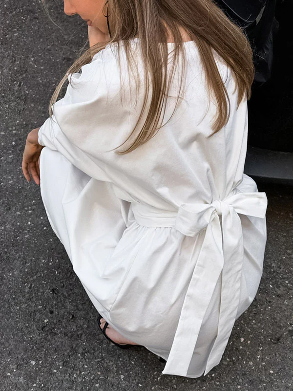 Long Sleeves Loose Pleated Solid Color Split-Joint Tied Waist V-Neck Mini Dresses Shirt Dress - Image 3