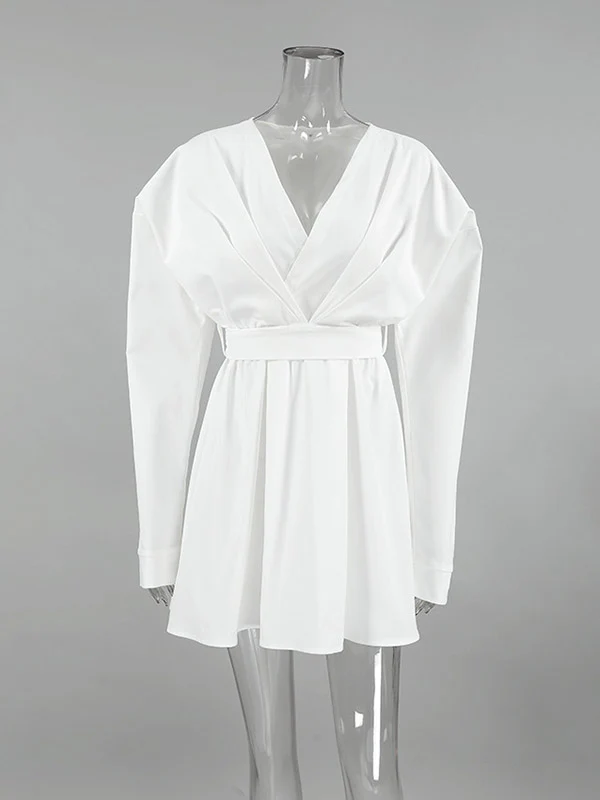 Long Sleeves Loose Pleated Solid Color Split-Joint Tied Waist V-Neck Mini Dresses Shirt Dress - Image 5